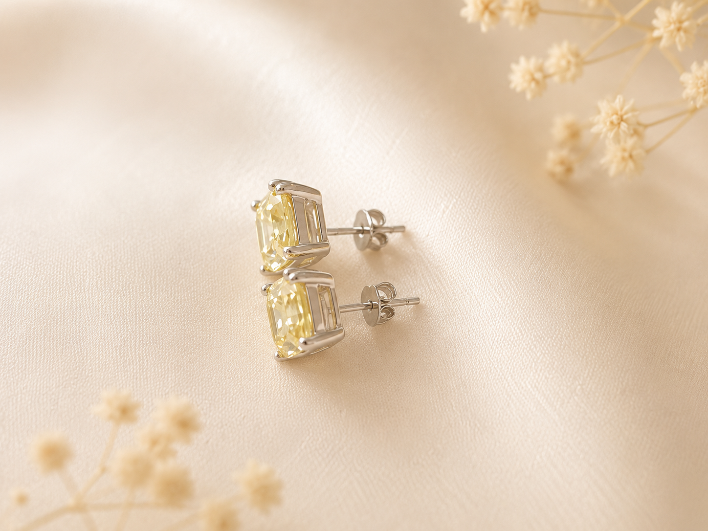 Sunlit Emerald Cut Studs | 925 Sterling Silver Yellow CZ Earrings