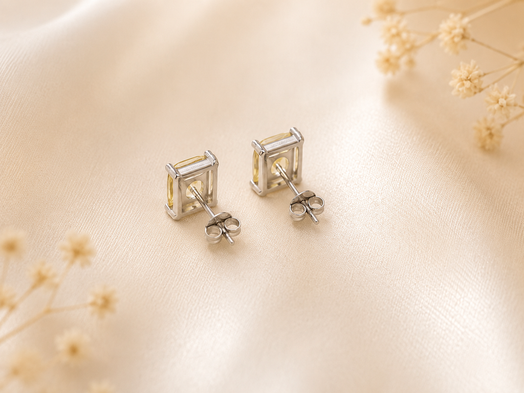 Sunlit Emerald Cut Studs | 925 Sterling Silver Yellow CZ Earrings