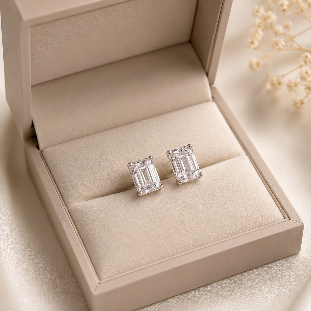 Sunlit Emerald Cut Studs | 925 Sterling Silver Yellow CZ Earrings