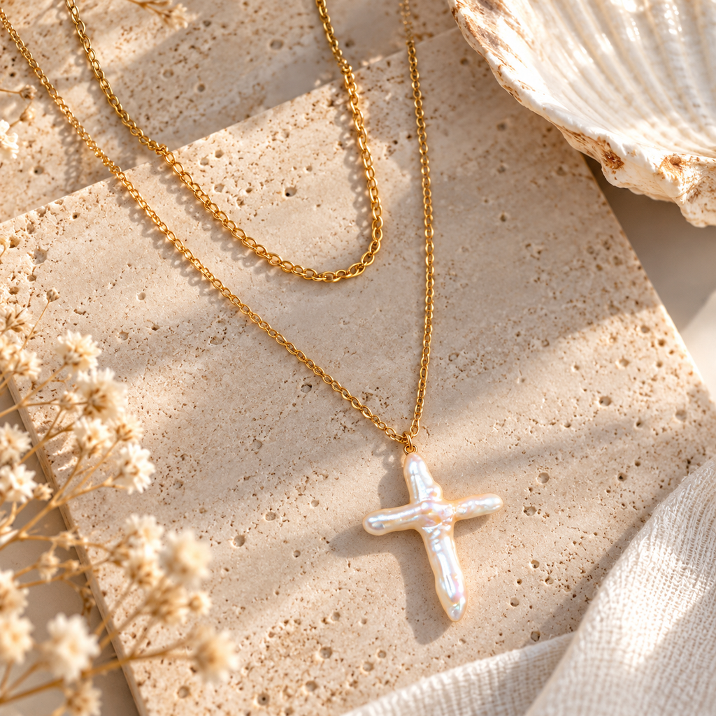 Heavenly Tides Pearl Cross Necklace