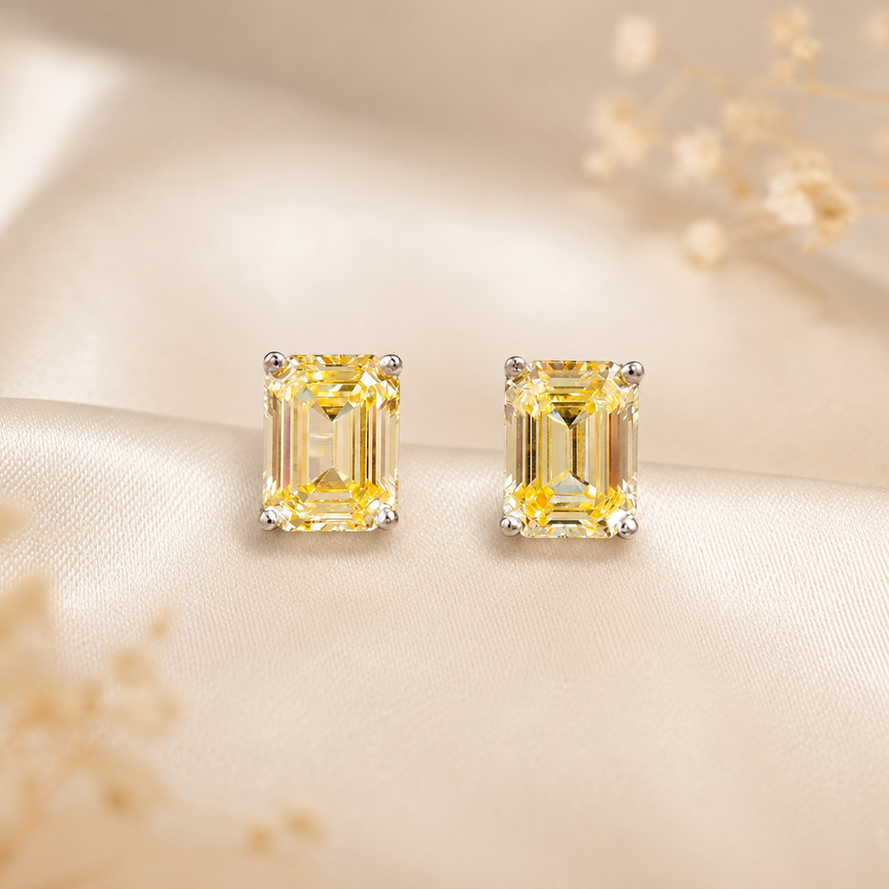Sunlit Emerald Cut Studs | 925 Sterling Silver Yellow CZ Earrings