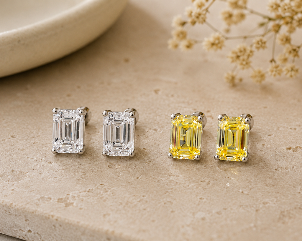 Sunlit Emerald Cut Studs | 925 Sterling Silver Yellow CZ Earrings
