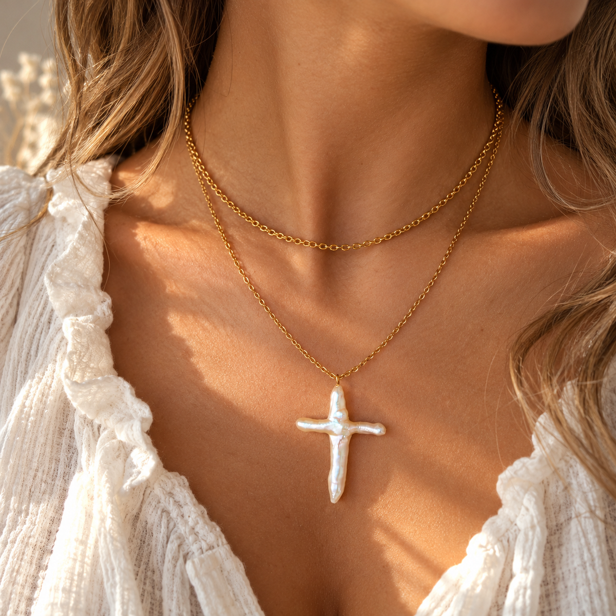 Heavenly Tides Pearl Cross Necklace