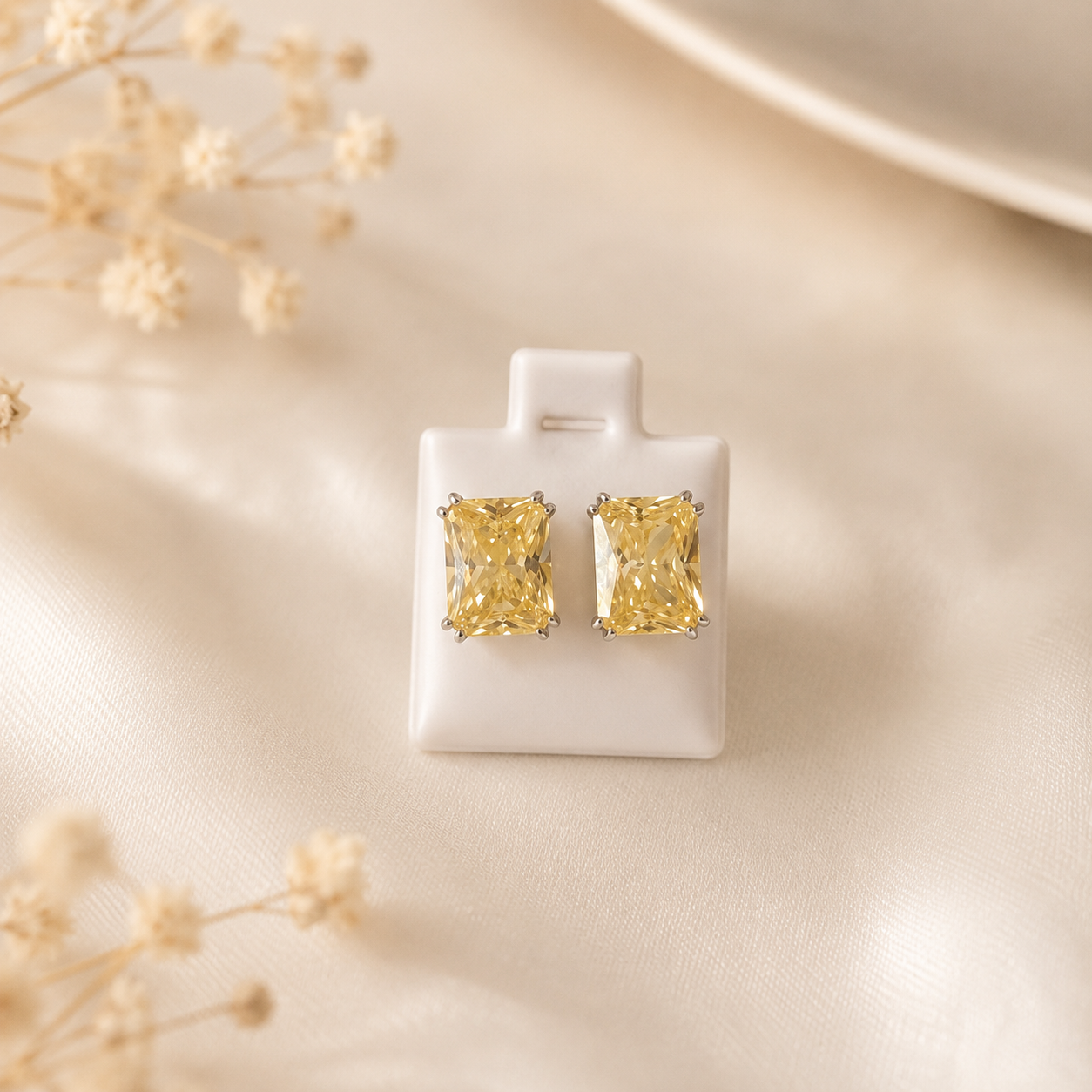 Sunlit Emerald Cut Studs | 925 Sterling Silver Yellow CZ Earrings